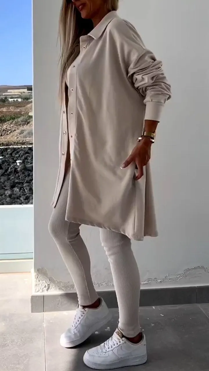 Apricot Casual Shirt Cardigan Three-piece Set